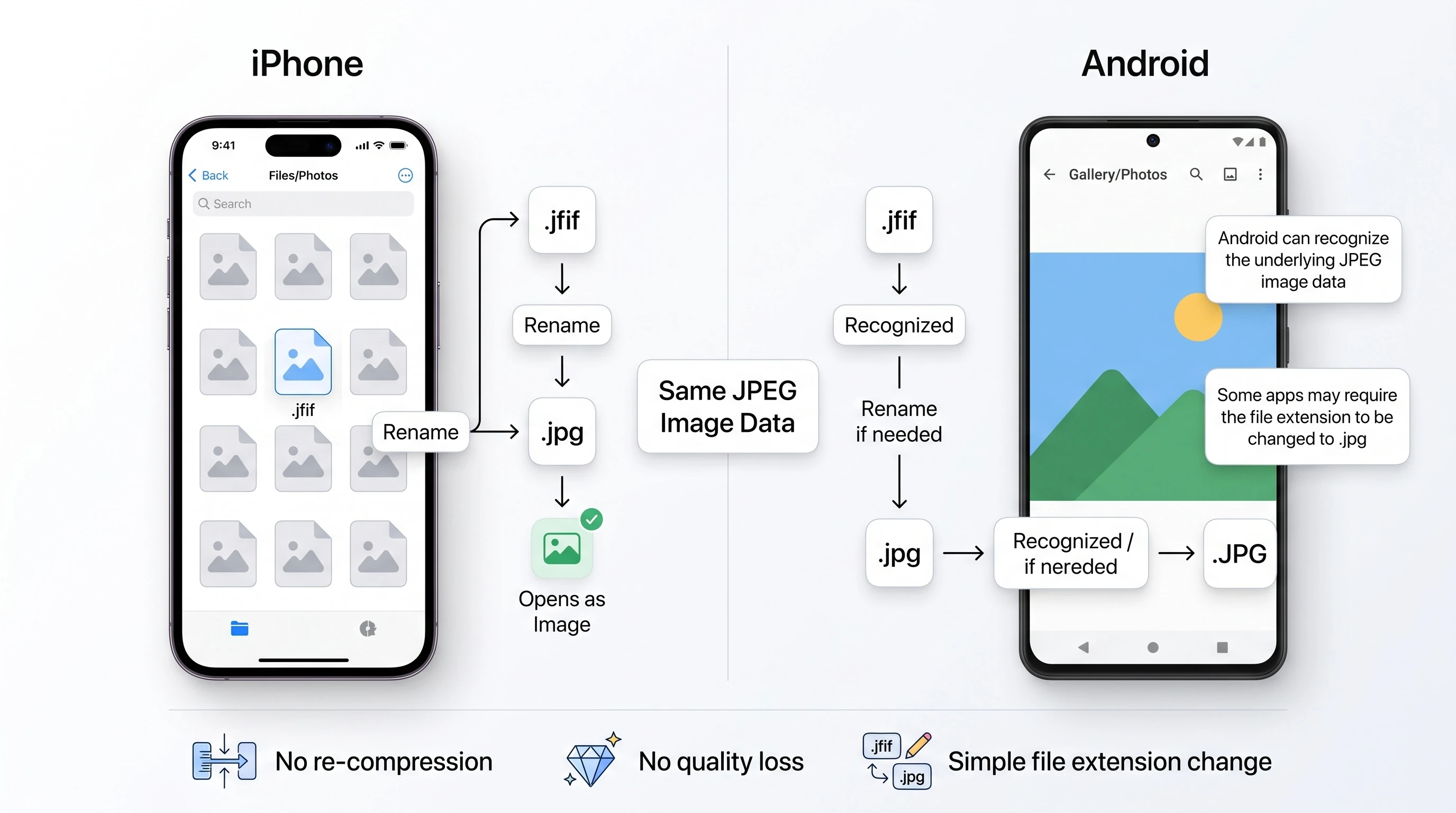 Step-by-step comparison of renaming a .jfif file to .jpg on iPhone versus Android