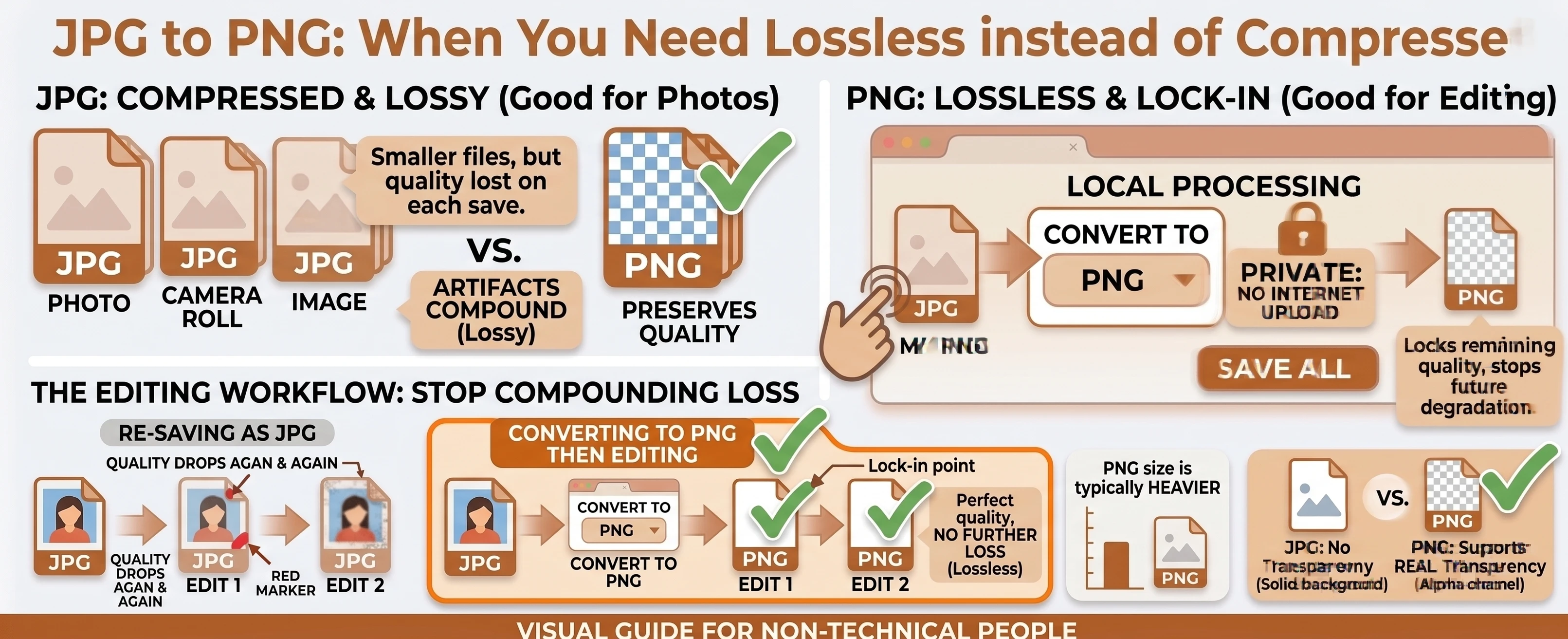 Comparison showing a JPG re-saved repeatedly losing quality each time, versus converting to PNG first and then editing with no further quality loss