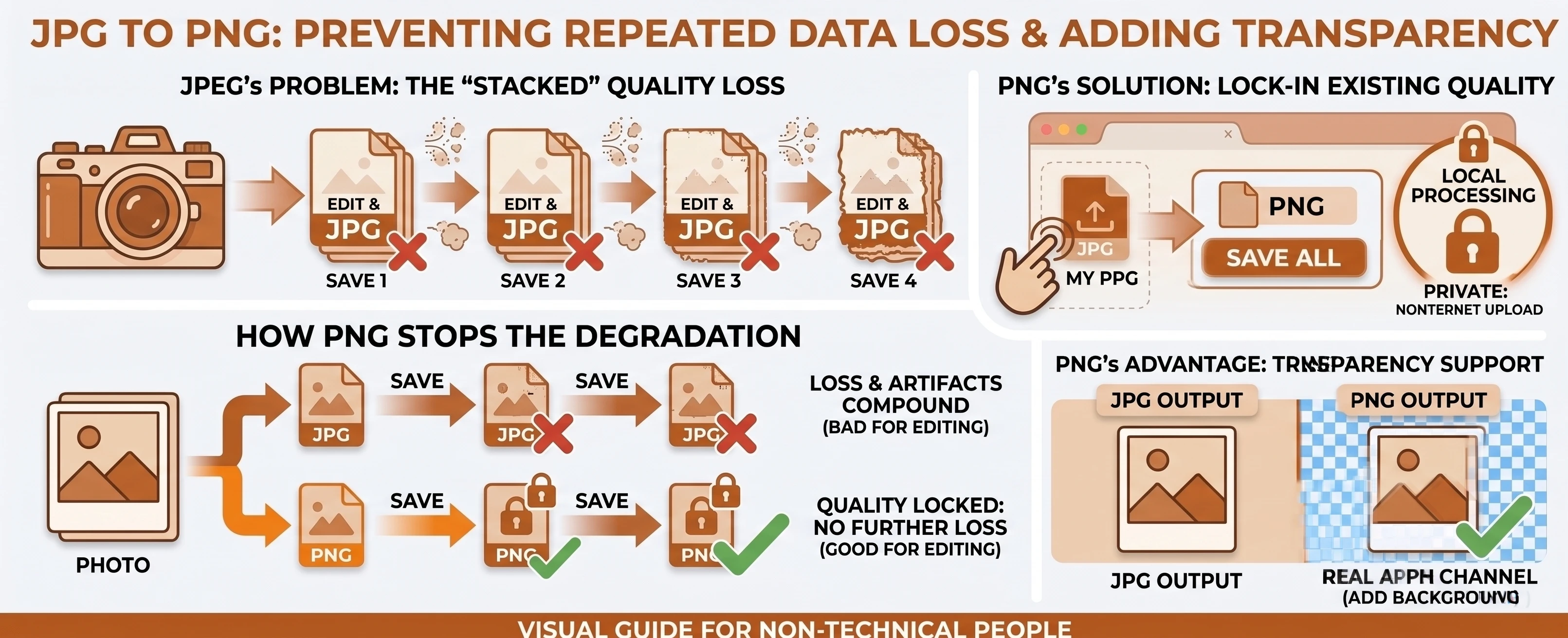 Infographic showing how repeated JPEG saves compound quality loss, while converting to PNG first locks in quality and adds real transparency support