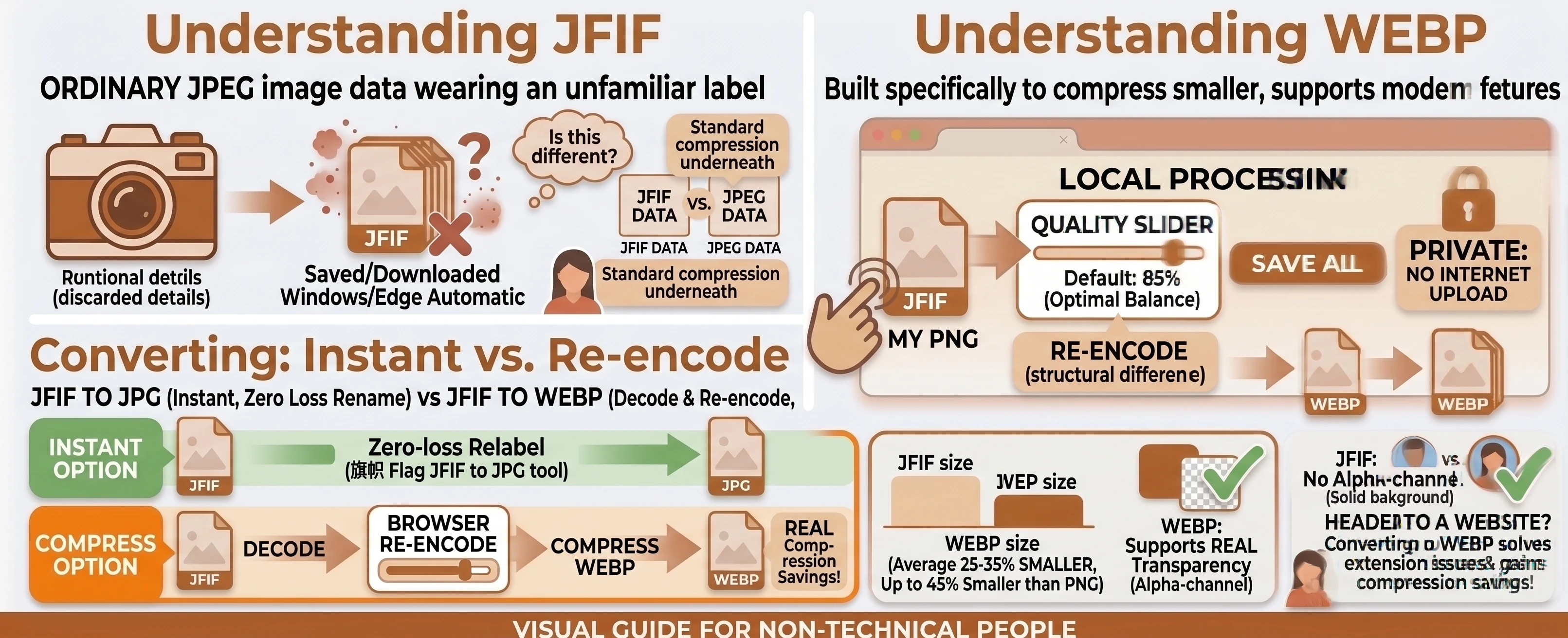 Infographic comparing JPG and WEBP compression for photos, including a batch-converting-a-gallery example showing total file size savings
