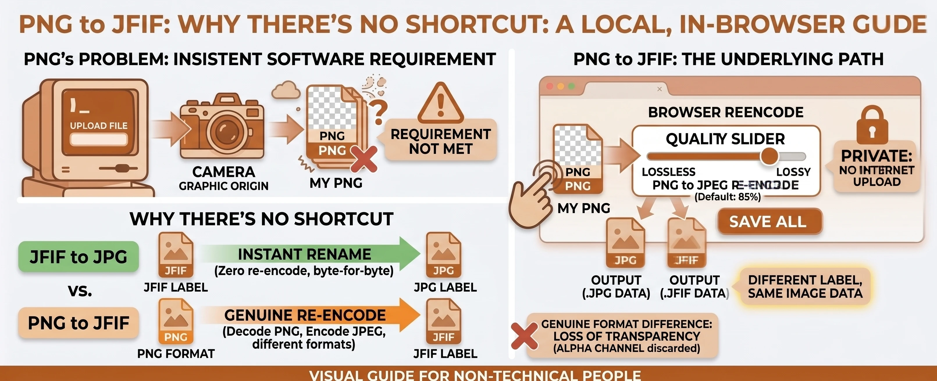 Infographic explaining why PNG to JFIF has no instant shortcut the way JFIF to JPG does, showing the genuine re-encode path from PNG through JPEG data to a .jfif-labeled output