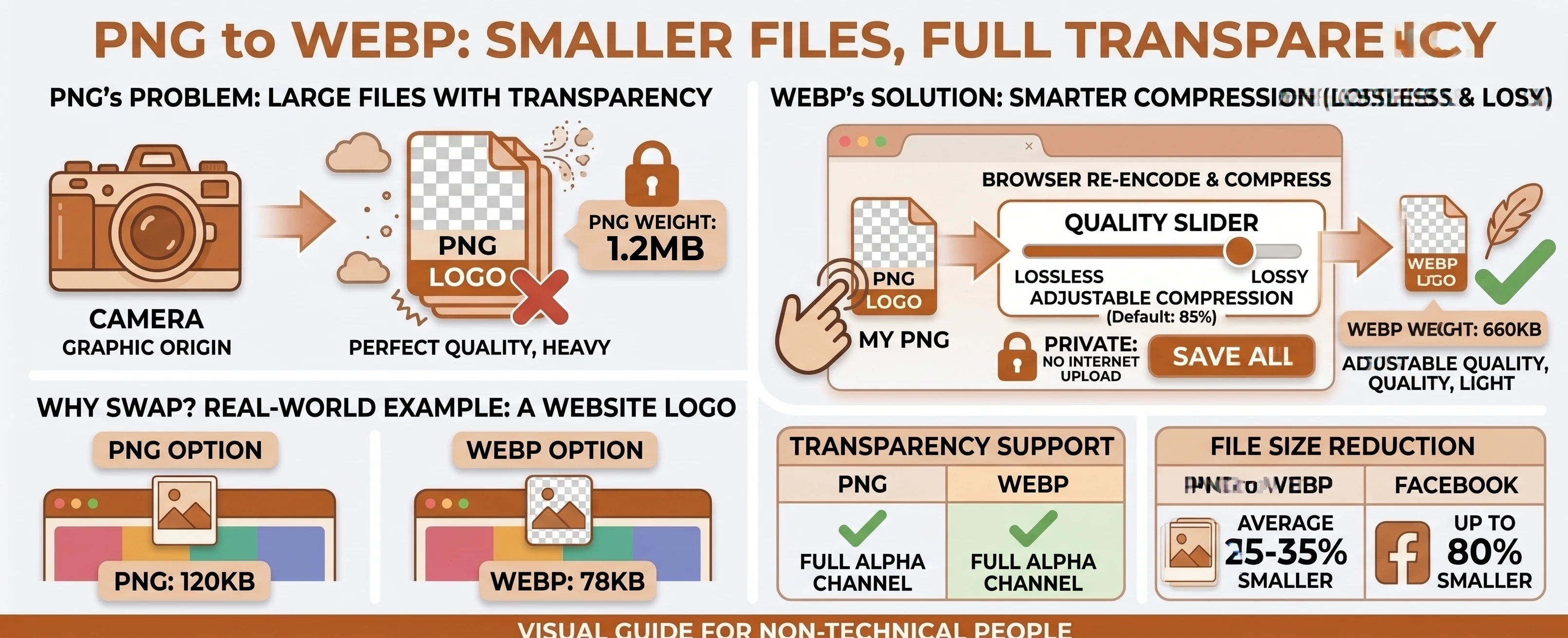 Infographic showing PNG and WEBP both supporting full transparency, with WEBP's file size reduction stats (25-35% average, up to 80% for some PNGs) and the local browser-based conversion process