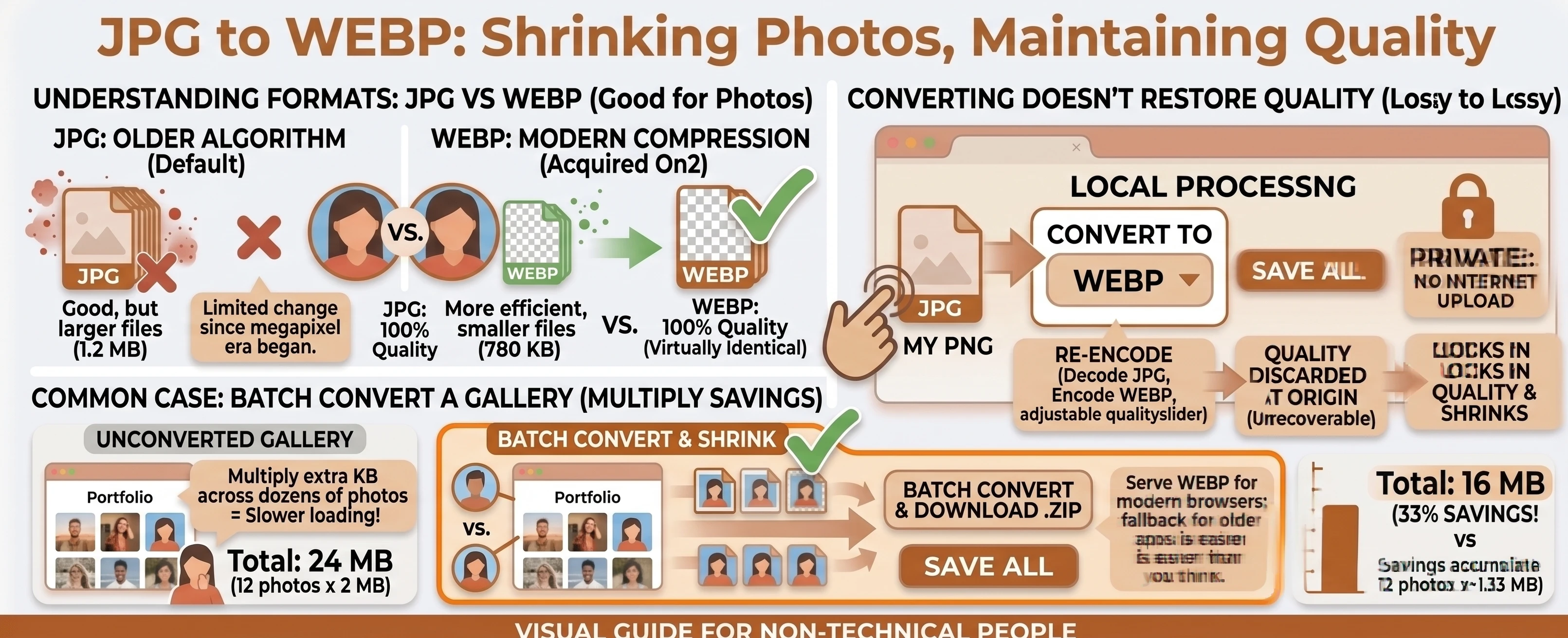 Side-by-side infographic explaining JFIF as ordinary JPEG data with a different label, next to WEBP's modern compression and transparency support
