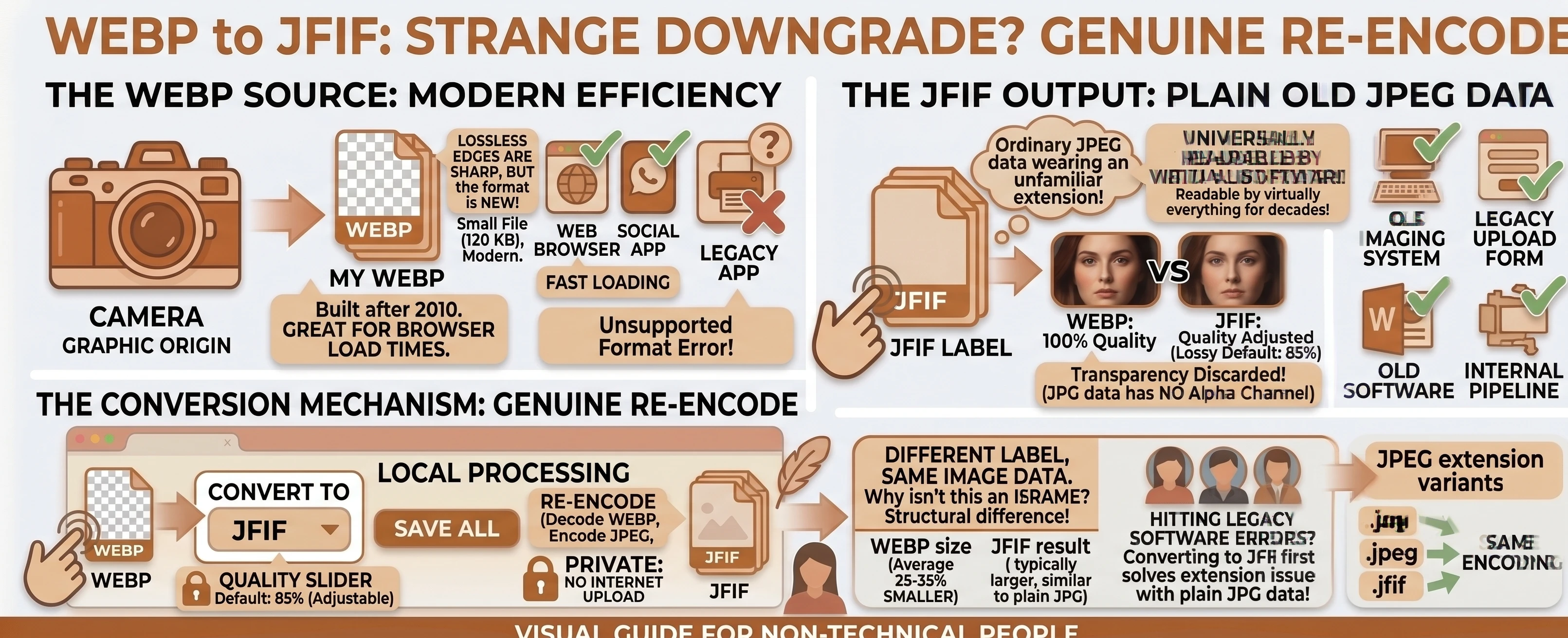 Infographic explaining why converting WEBP to JFIF is a genuine re-encode into plain JPEG data, needed for legacy software and upload forms that only recognize older formats