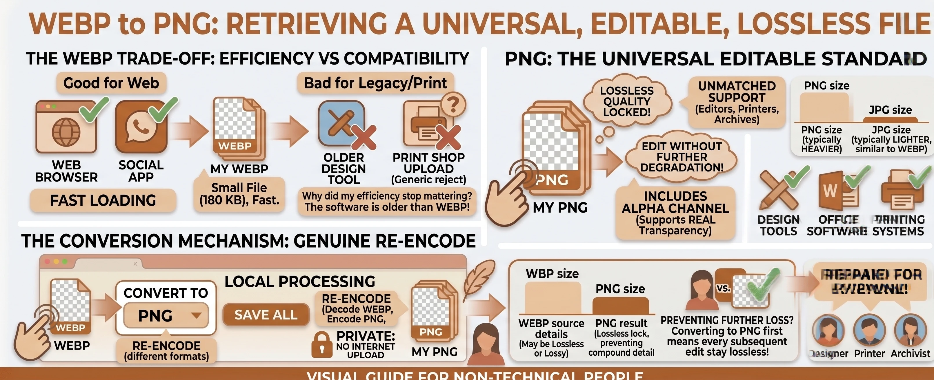 Infographic comparing WEBP's web efficiency against PNG's universal support in design tools, printers, and archives, including a size comparison table